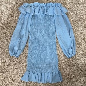 Light Blue Ruched Ruffle Dress